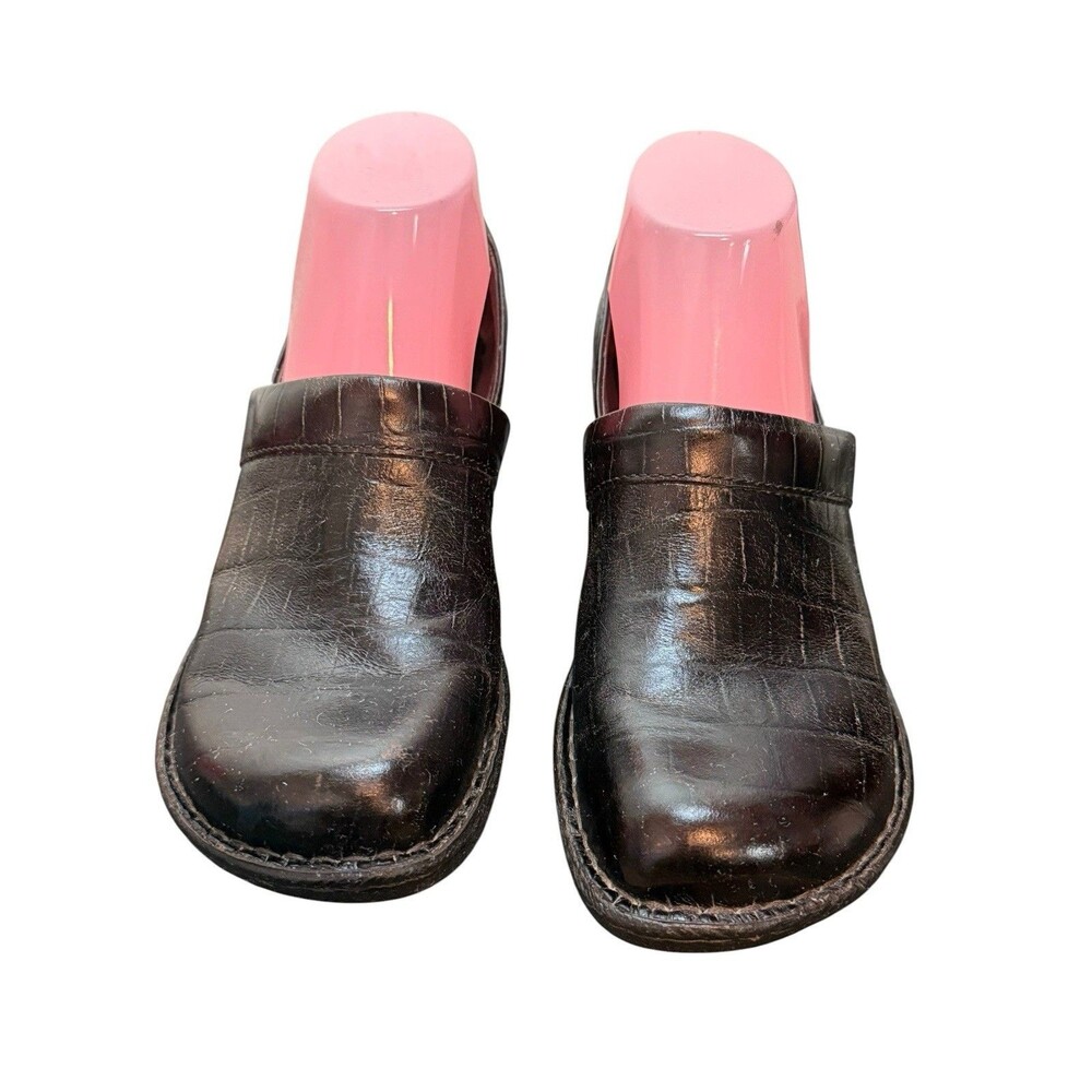 Born Shoes Womens 8 M Clog Black Leather Croc Slip On Round Toe Wedge Heels